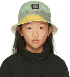 Детская зелено-желтая шляпа-ведро с аэрографией Stone Island Junior