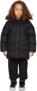 Детский черный пуховик из мятого репса R-Nylon, окрашенный в готовом виде Stone Island Junior