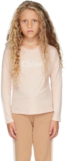 Детская розовая футболка с длинными рукавами и нашивками Chloé Chloe