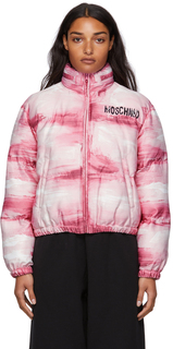 Розовая дутая куртка с росписью Moschino