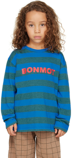 Детская сине-зеленая футболка в полоску с логотипом Bonmot Organic