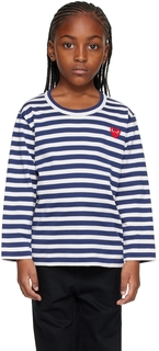 Детская футболка с длинными рукавами темно-синего и белого цвета с сердечками Comme des Garçons Play