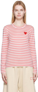 Бело-розовая футболка с длинным рукавом с нашивкой в ​​виде сердца Comme des Garçons Play