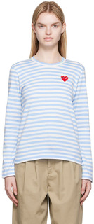 Бело-синяя футболка с длинным рукавом с нашивкой в ​​виде сердца Comme des Garçons Play