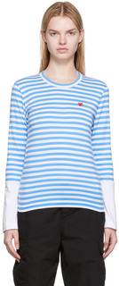 Бело-синяя футболка с длинным рукавом с небольшой нашивкой в ​​виде сердца Comme des Garçons Play