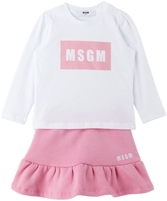 Детская бело-розовая футболка и юбка с длинным рукавом MSGM Kids