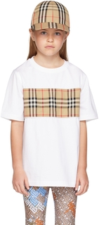 Детская белая футболка в клетку с вставками Burberry