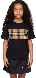 Детская черная футболка в винтажную клетку со вставками Burberry