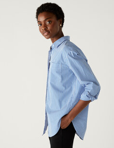 Рубашка оверсайз в полоску из чистого хлопка в стиле подружки Marks &amp; Spencer, синий микс