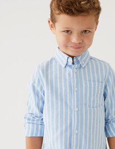 Оксфордская рубашка в полоску из чистого хлопка (2–8 лет) Marks &amp; Spencer, синий микс