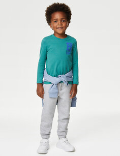 Джоггеры из хлопка с затягивающимся шнурком (2–7 лет) Marks &amp; Spencer, серый