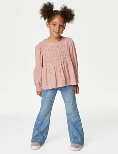 Расклешенные джинсы с цветочной вышивкой из денима (2–8 лет) Marks &amp; Spencer, деним