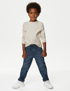Свободные джинсы из денима с эластичной талией (2–8 лет) Marks &amp; Spencer, темный деним