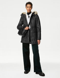 Парка Stormwear с капюшоном и подкладкой из вощеного искусственного меха Marks &amp; Spencer, черный