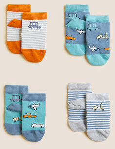 4 пары детских носков с хлопковым принтом и транспортным принтом (0–3 года) Marks &amp; Spencer, мульти