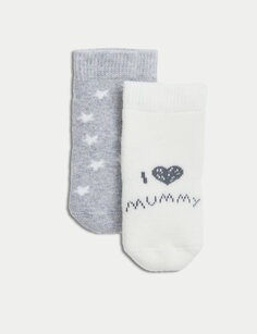 2 пары детских носков I Love Mummy с высоким содержанием хлопка (0–3 лет) Marks &amp; Spencer, мульти