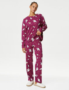 Пижамный комплект из чистого хлопка с зимними животными Marks &amp; Spencer, фиолетовый микс