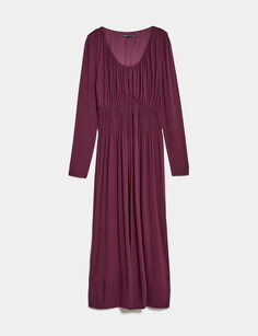 Свободное платье миди с круглым вырезом и рюшами Marks &amp; Spencer, бордовый