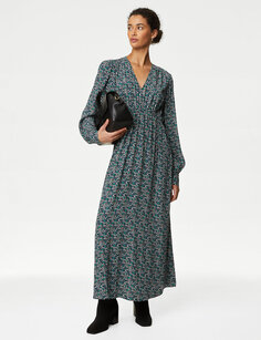 Чайное платье Midaxi с V-образным вырезом и принтом Marks &amp; Spencer, черный микс
