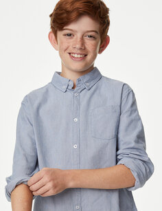 Оксфордская рубашка в клетку из чистого хлопка (6–16 лет) Marks &amp; Spencer, синий микс