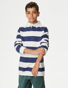 Рубашка для регби в полоску из чистого хлопка (6–16 лет) Marks &amp; Spencer, синий микс