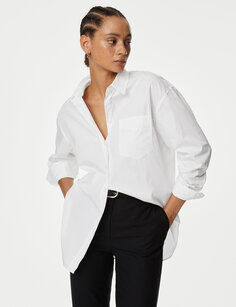 Длинная рубашка большого размера из чистого хлопка в стиле «девушка» Marks &amp; Spencer, белый