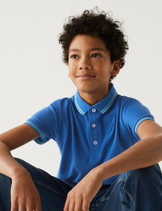 Рубашка-поло из чистого хлопка (6–16 лет) Marks &amp; Spencer, ярко-голубой