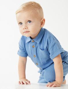 Рубашка из чистого хлопка (0–3 года) Marks &amp; Spencer, лазурно-синий