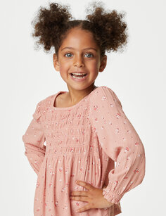 Блузка с присборенной цветочной принтом (2–8 лет) Marks &amp; Spencer, розовый микс