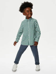 Рубашка в мелкую клетку из чистого хлопка (2–8 лет) Marks &amp; Spencer, зеленый микс