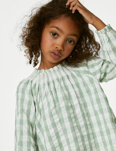 Блуза в мелкую клетку из чистого хлопка (2–8 лет) Marks &amp; Spencer, зеленый микс