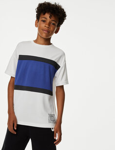 Полосатая сетчатая футболка (6–16 лет) Marks &amp; Spencer, белый микс