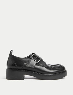 Кожаные броги на блочном каблуке с пряжкой Marks &amp; Spencer, черный