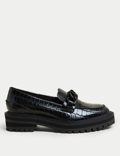 Кожаные лоферы с квадратным носком на блочном каблуке под крокодила Marks &amp; Spencer, черный