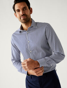 Рубашка в полоску из чистого хлопка приталенного кроя Marks &amp; Spencer, темно-синий