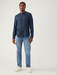 Рубашка из чистого льна с дедушкиным воротником Marks &amp; Spencer, темно-синий