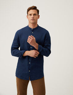 Удлиненная рубашка из чистого льна с воротником «дедушка» Marks &amp; Spencer, темно-синий