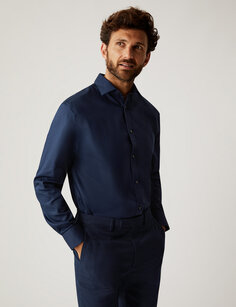 Рубашка обычного кроя из чистого хлопка без глажки Marks &amp; Spencer, темно-синий