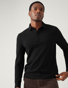 Рубашка поло из чистого хлопка с длинными рукавами Marks &amp; Spencer, черный
