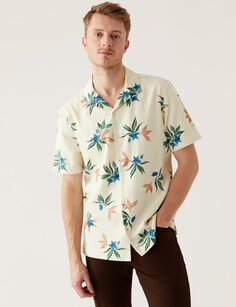Льняная рубашка с кубинским воротником и богатым цветочным принтом Marks &amp; Spencer