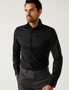 Рубашка приталенного кроя из чистого хлопка с узором «в елочку» Marks &amp; Spencer, черный