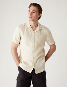 Рубашка из чистого льна с кубинским воротником Marks &amp; Spencer, экрю