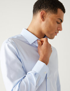 Рубашка в клетку из чистого хлопка без железа обычного кроя Marks &amp; Spencer, светло-синий