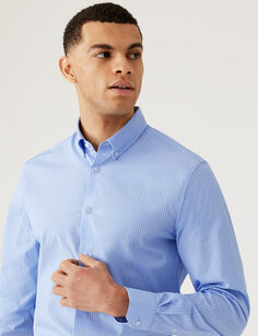 Рубашка приталенного кроя из хлопка в богатую полоску Marks &amp; Spencer, светло-синий