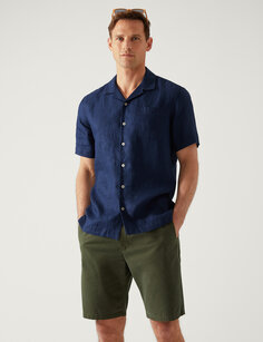 Рубашка из чистого льна с кубинским воротником Marks &amp; Spencer, темно-синий