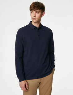 Рубашка поло из чистого хлопка с длинными рукавами Marks &amp; Spencer, темно-синий