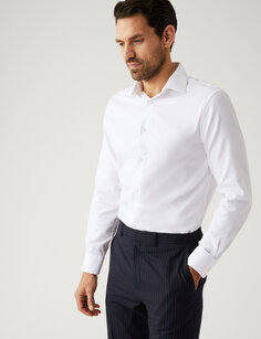 Рубашка приталенного кроя из чистого хлопка с узором «в елочку» Marks &amp; Spencer, белый
