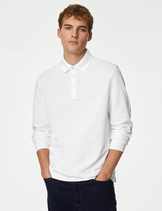 Рубашка поло из чистого хлопка с длинными рукавами Marks &amp; Spencer, белый