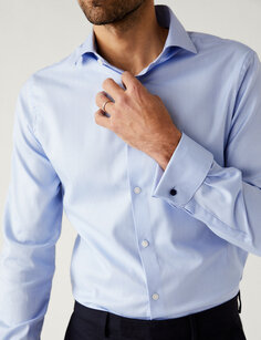 Рубашка приталенного кроя из чистого хлопка с узором «в елочку» Marks &amp; Spencer, синий