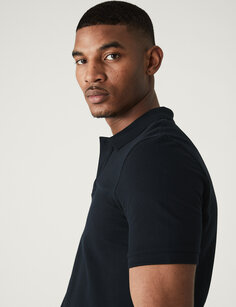 Рубашка поло узкого кроя из чистого хлопка пике Marks &amp; Spencer, темно-синий